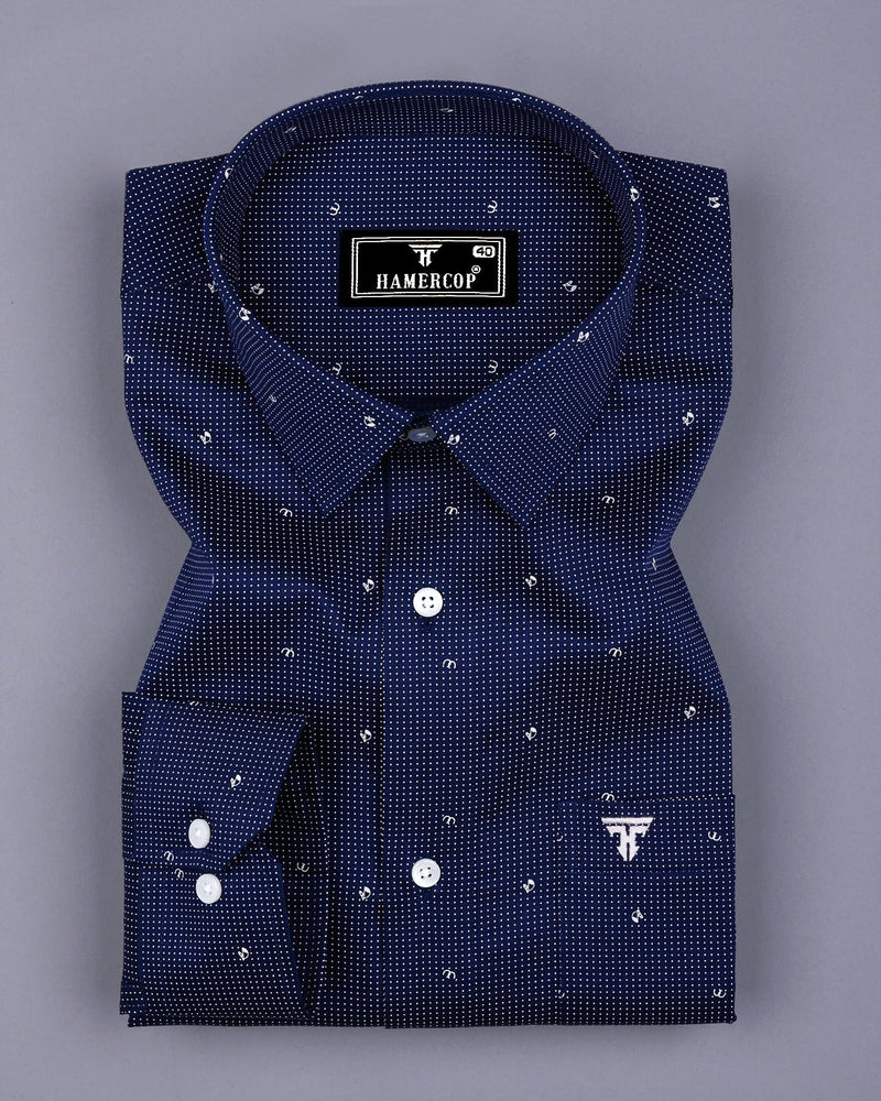 Space NavyBlue With White Small Polka Dot Printed Cotton Shirt