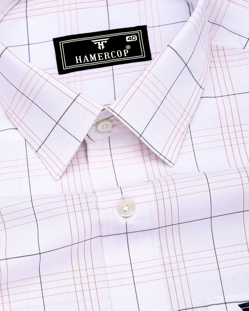 Orange With Blue Formal Check White Cotton Shirt