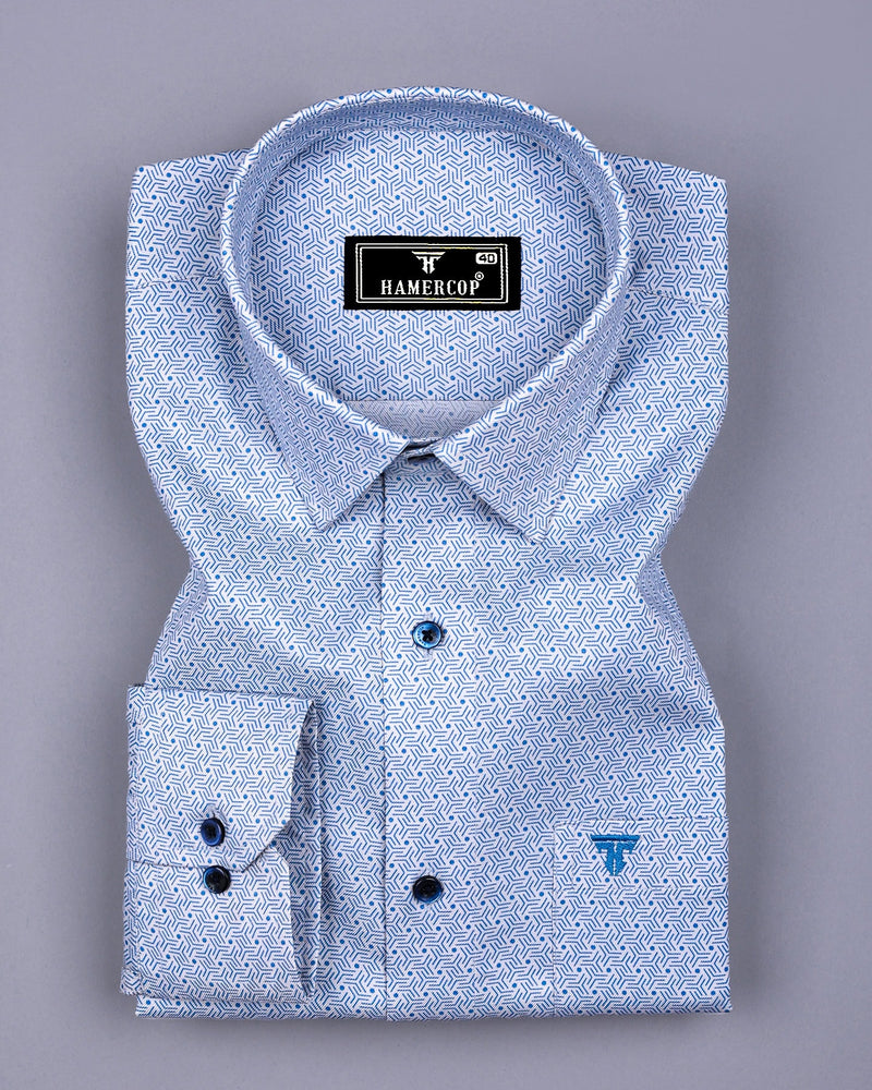 Messina Blue With White Printed Premium Cotton Shirt