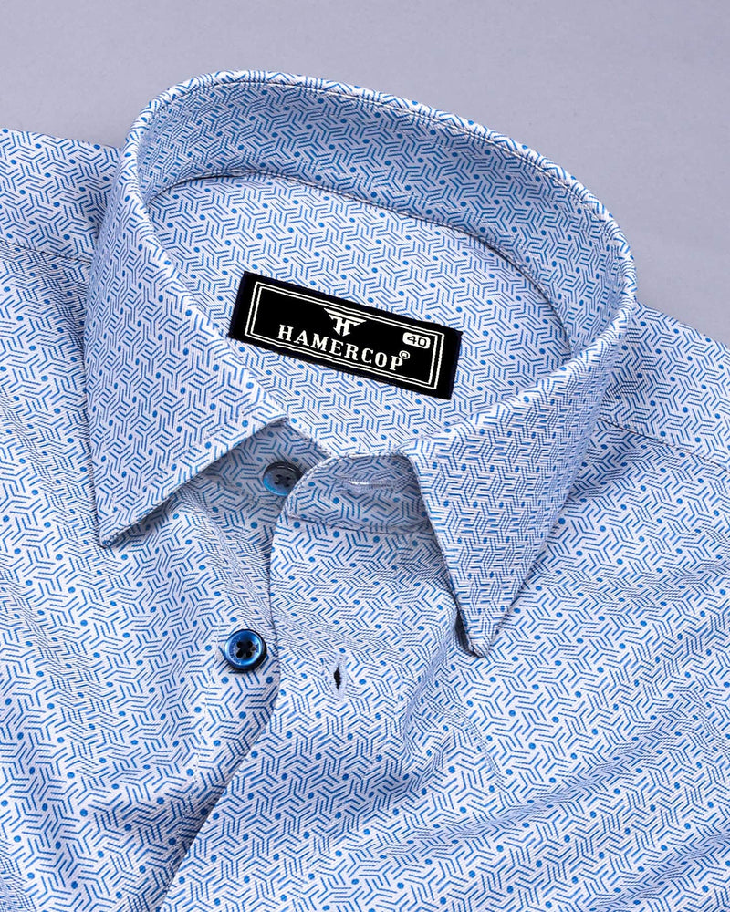 Messina Blue With White Printed Premium Cotton Shirt