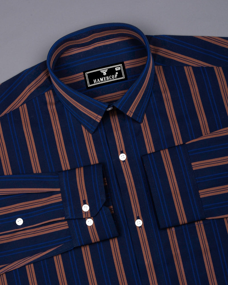 Obzor Blue With Brown Stripe Cotton Shirt