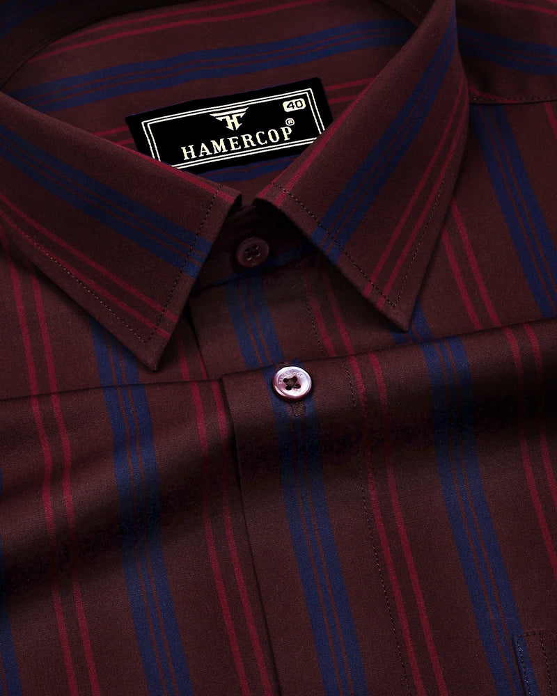 Obzor Maroon With Blue Stripe Cotton Shirt