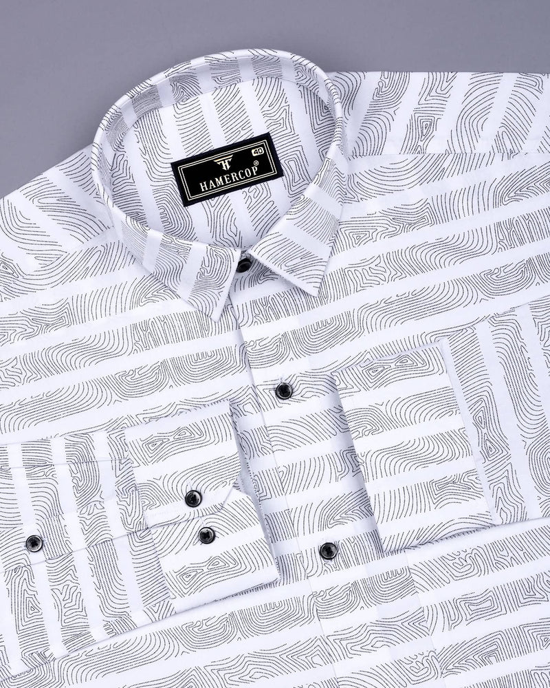 Pluzine White With Black Weft Stripe Printed Cotton Shirt