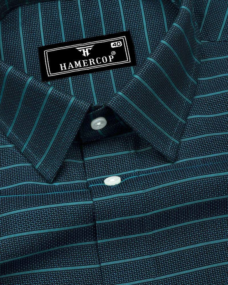 Teal Green Weft Stripe Python Textured Dobby Cotton Shirt