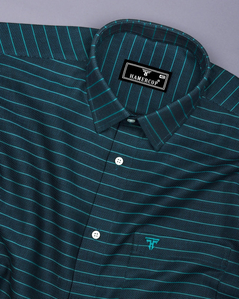 Teal Green Weft Stripe Python Textured Dobby Cotton Shirt