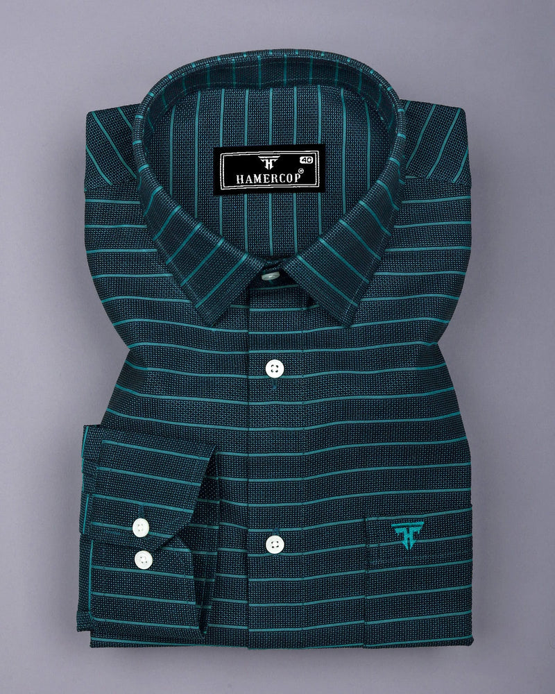 Teal Green Weft Stripe Python Textured Dobby Cotton Shirt