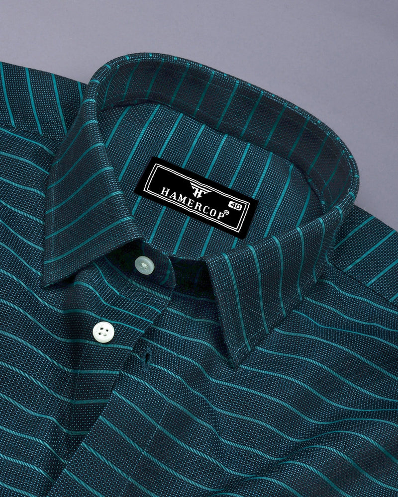 Teal Green Weft Stripe Python Textured Dobby Cotton Shirt