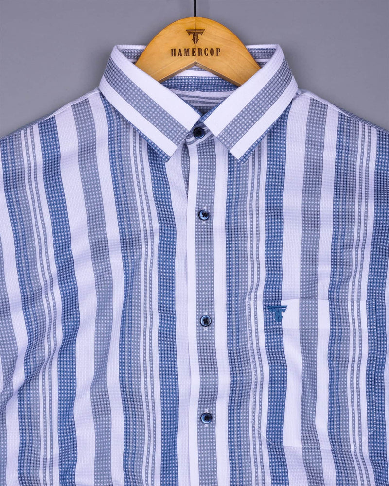 Barcilona Blue With Gray Dobby Stripe Cotton Shirt