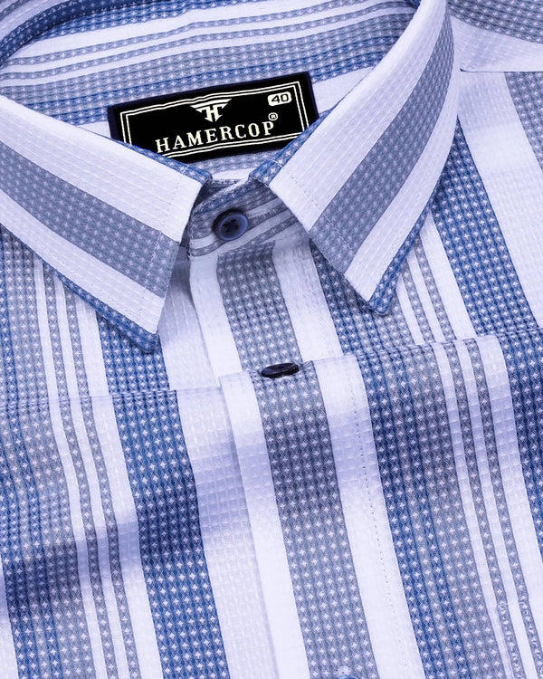 Barcilona Blue With Gray Dobby Stripe Cotton Shirt