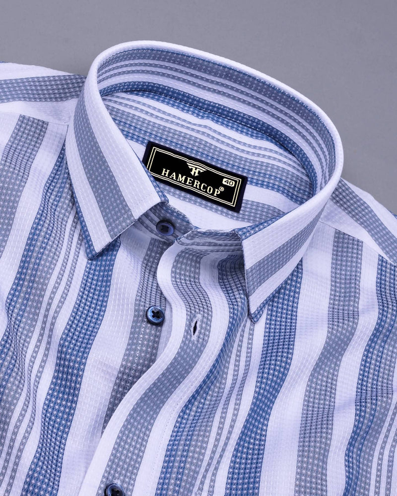 Barcilona Blue With Gray Dobby Stripe Cotton Shirt