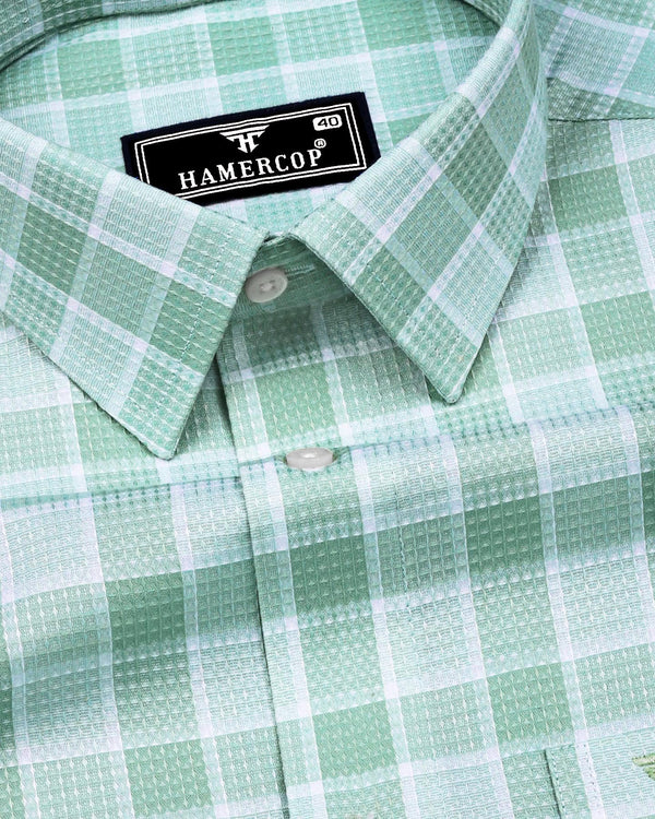 Obrov Green With White Waffle Dobby Check Shirt