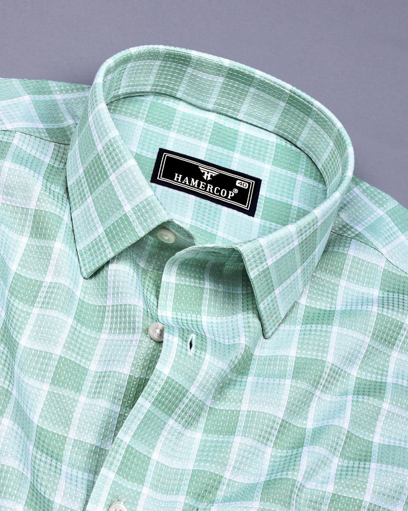 Obrov Green With White Waffle Dobby Check Shirt