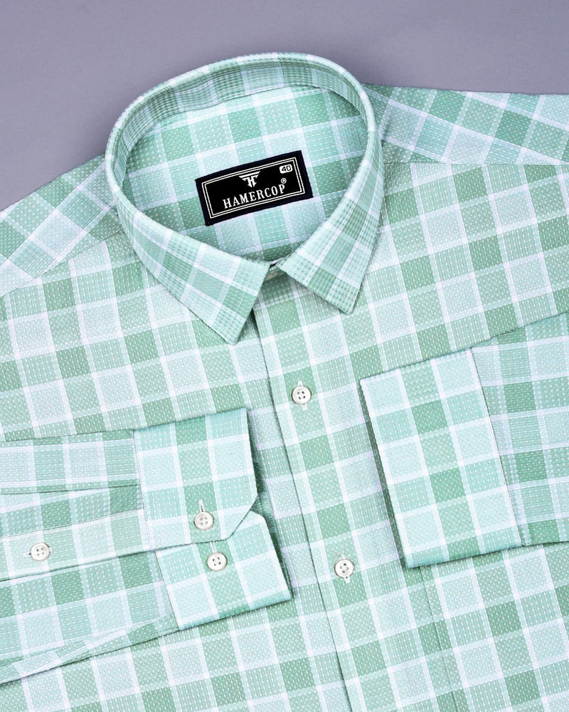 Obrov Green With White Waffle Dobby Check Shirt