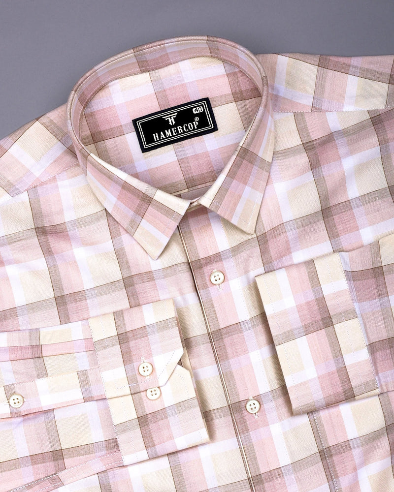 Pescara Cream With Brown Check Premium Cotton Shirt