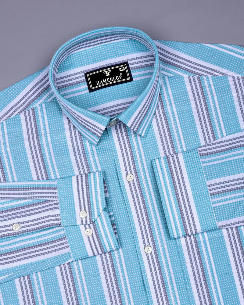 Barcilona Aqua Blue With Gray Dobby Stripe Cotton Shirt