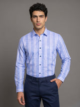 Comfrey Blue With White Dobby Stripe Linen Cotton Shirt
