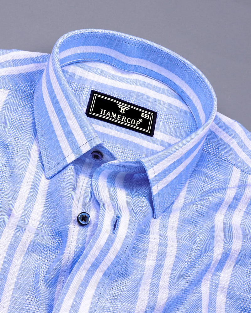 Comfrey Blue With White Dobby Stripe Linen Cotton Shirt