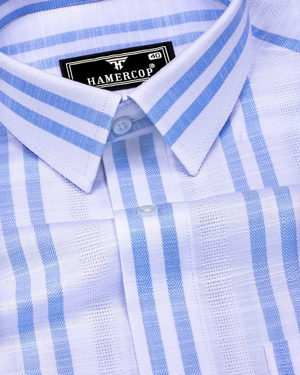 Comfrey White With Blue Dobby Stripe Linen Cotton Shirt