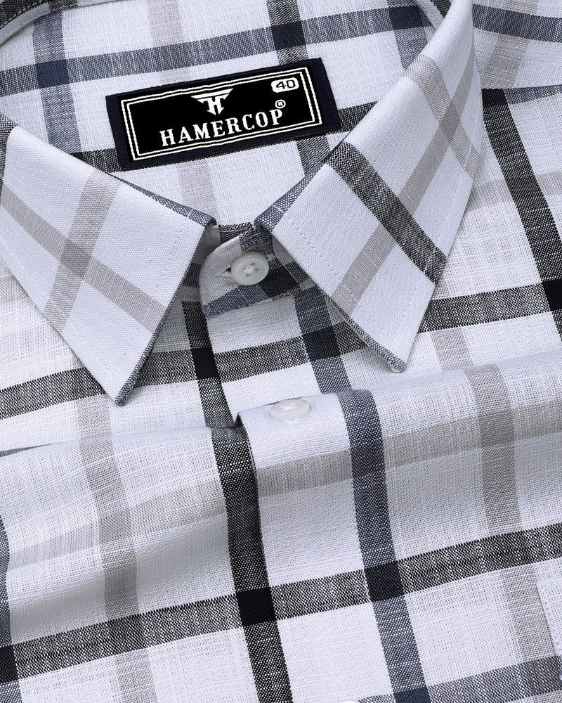 Arcore White With Gray Check Linen Cotton Shirt