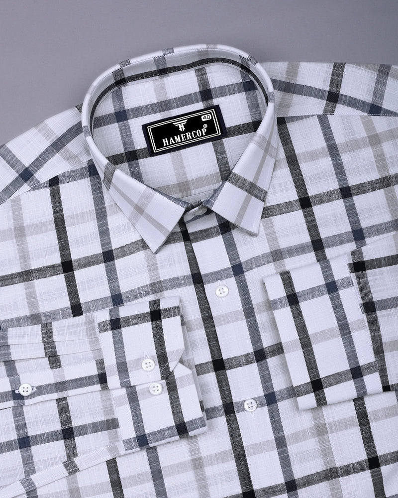 Arcore White With Gray Check Linen Cotton Shirt