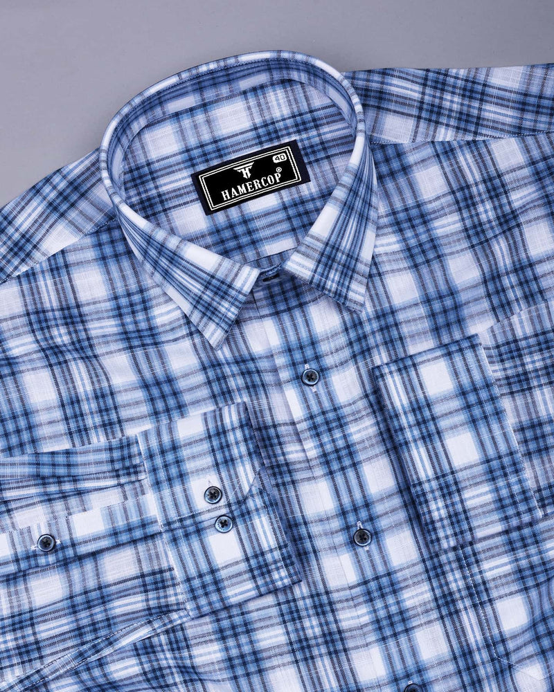 Forio Blue With White Check Linen Cotton Shirt