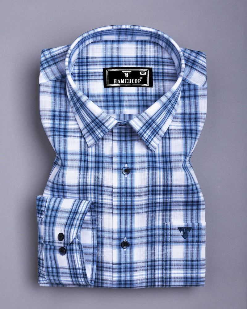 Forio Blue With White Check Linen Cotton Shirt