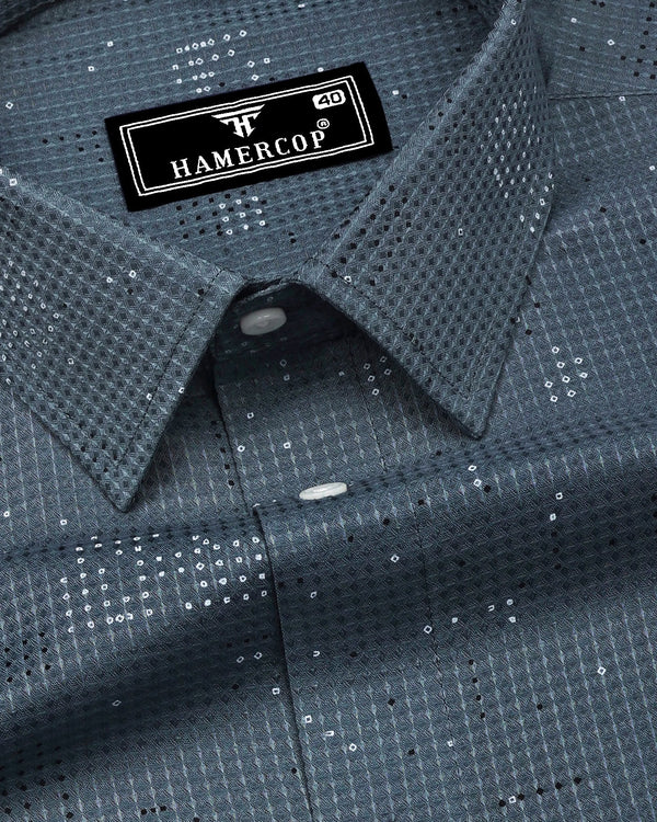 Flores Gray Dot Printed Dobby Cotton Waffle Check Shirt