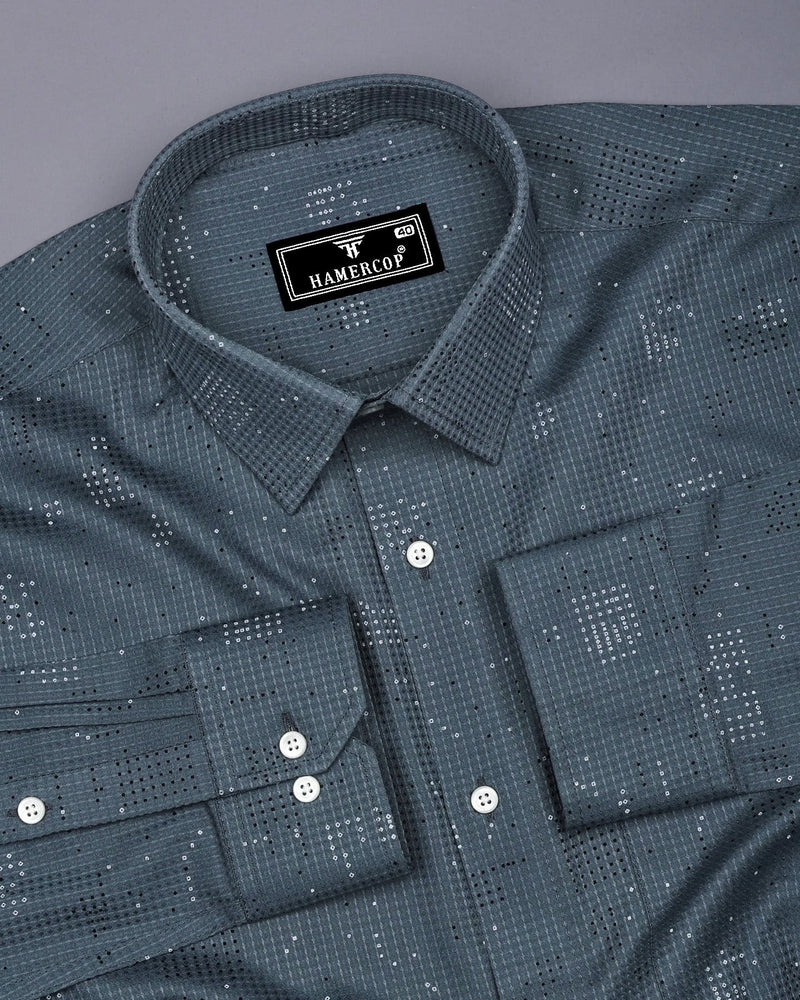 Flores Gray Dot Printed Dobby Cotton Waffle Check Shirt