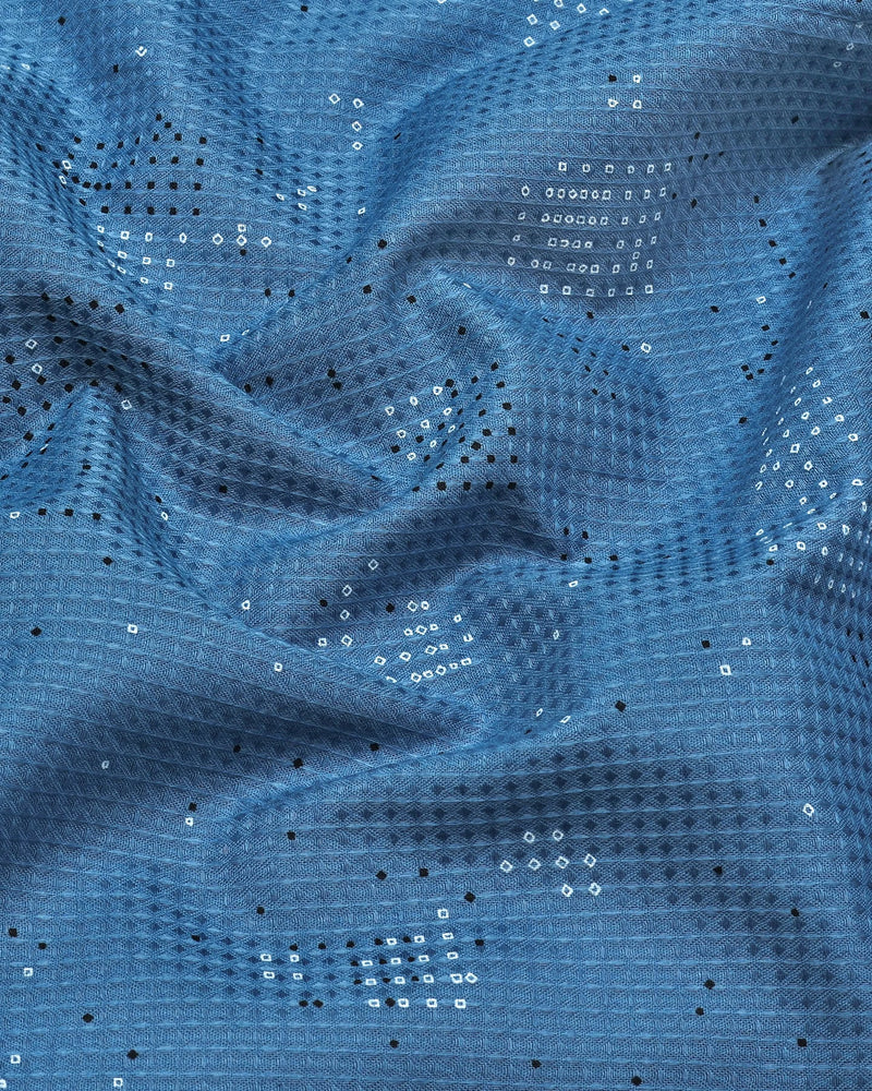 Flores Blue Dot Printed Dobby Cotton Waffle Check Shirt