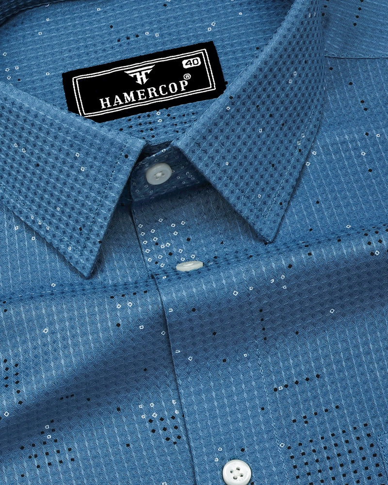 Flores Blue Dot Printed Dobby Cotton Waffle Check Shirt