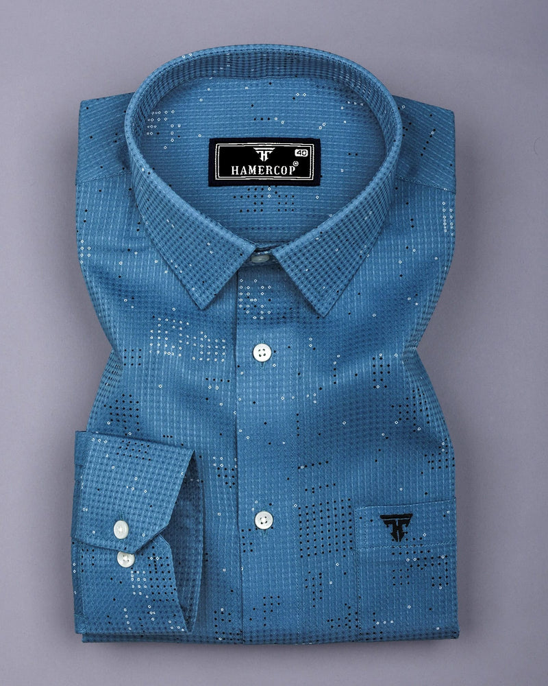 Flores Blue Dot Printed Dobby Cotton Waffle Check Shirt