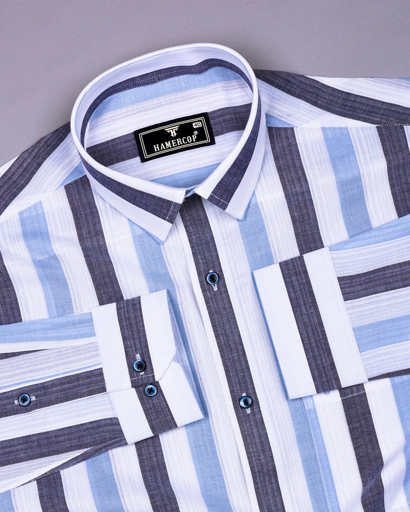 Tarpon Blue With White Broad Stripe Linen Cotton Shirt