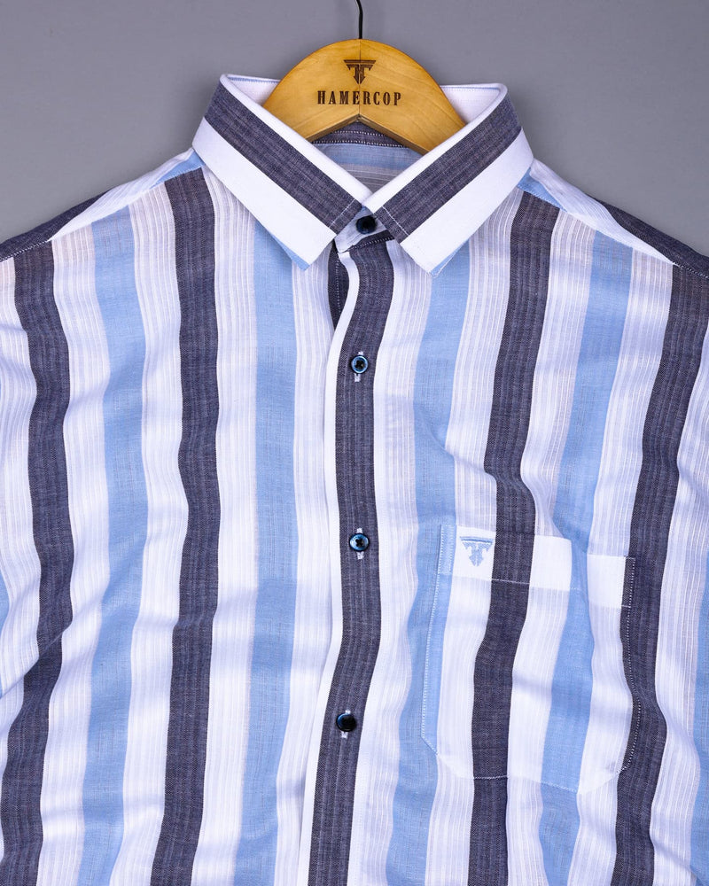 Tarpon Blue With White Broad Stripe Linen Cotton Shirt