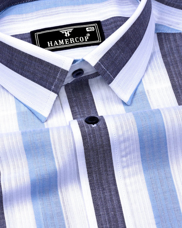 Tarpon Blue With White Broad Stripe Linen Cotton Shirt