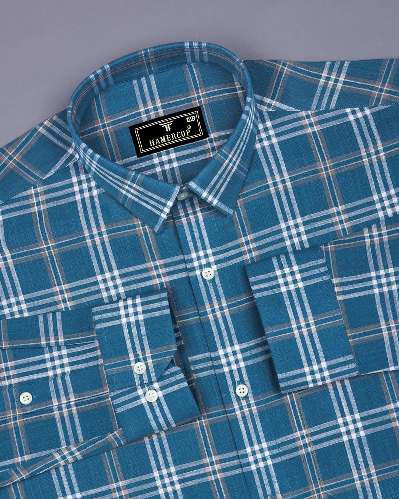 Menton Blue With White Check Linen Cotton Shirt