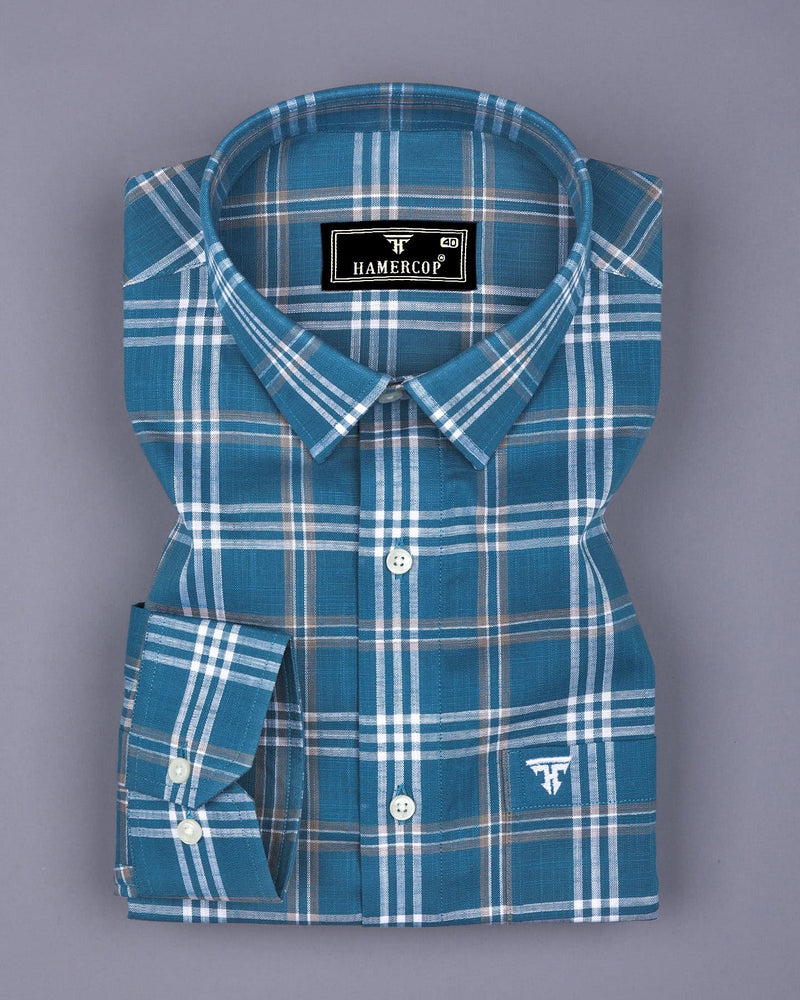 Menton Blue With White Check Linen Cotton Shirt