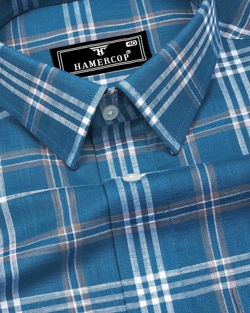 Menton Blue With White Check Linen Cotton Shirt