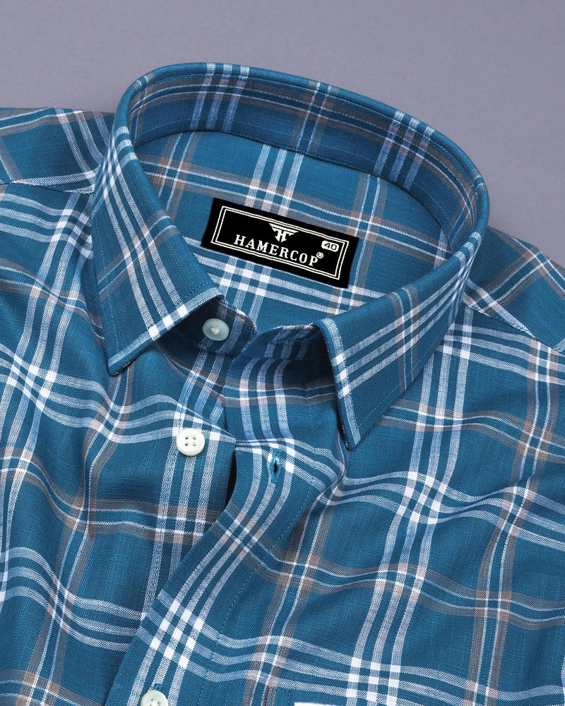 Menton Blue With White Check Linen Cotton Shirt