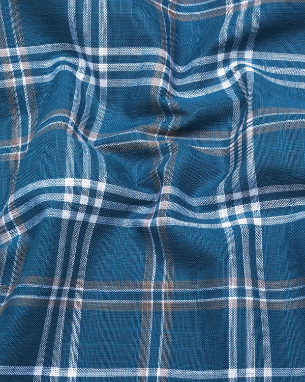 Menton Blue With White Check Linen Cotton Shirt