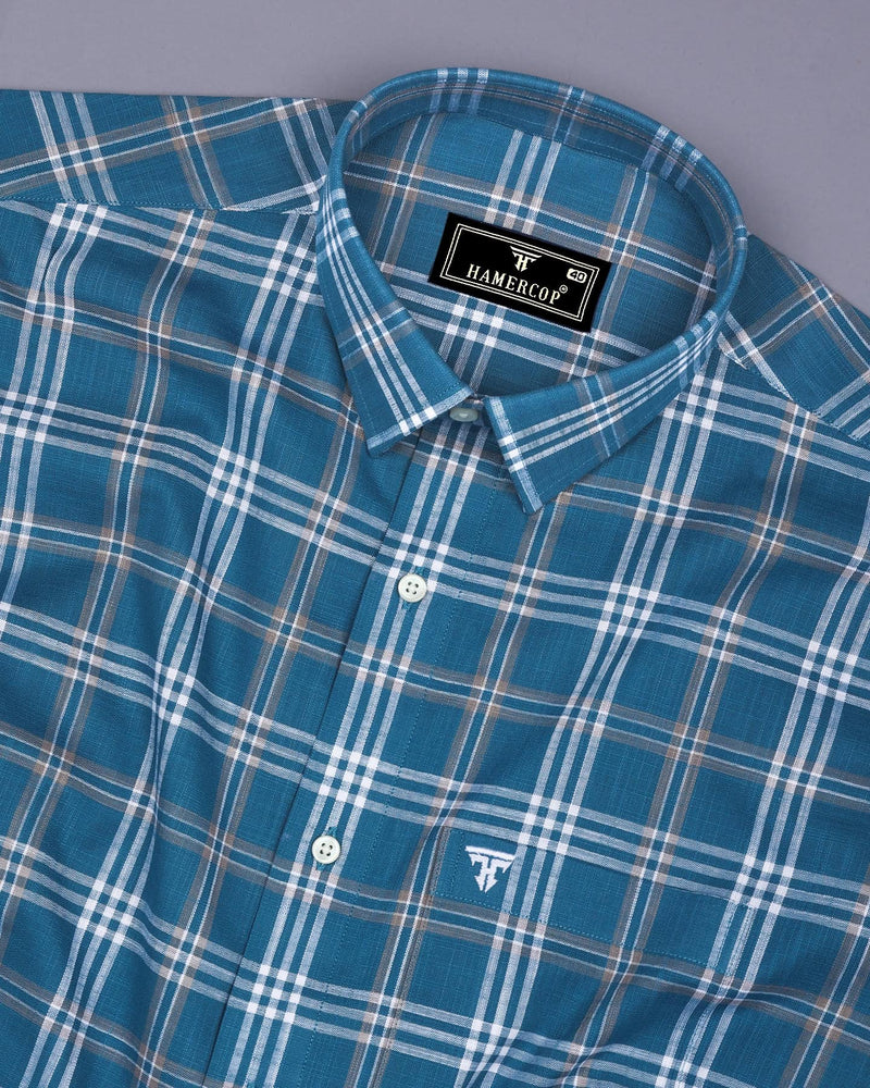 Menton Blue With White Check Linen Cotton Shirt