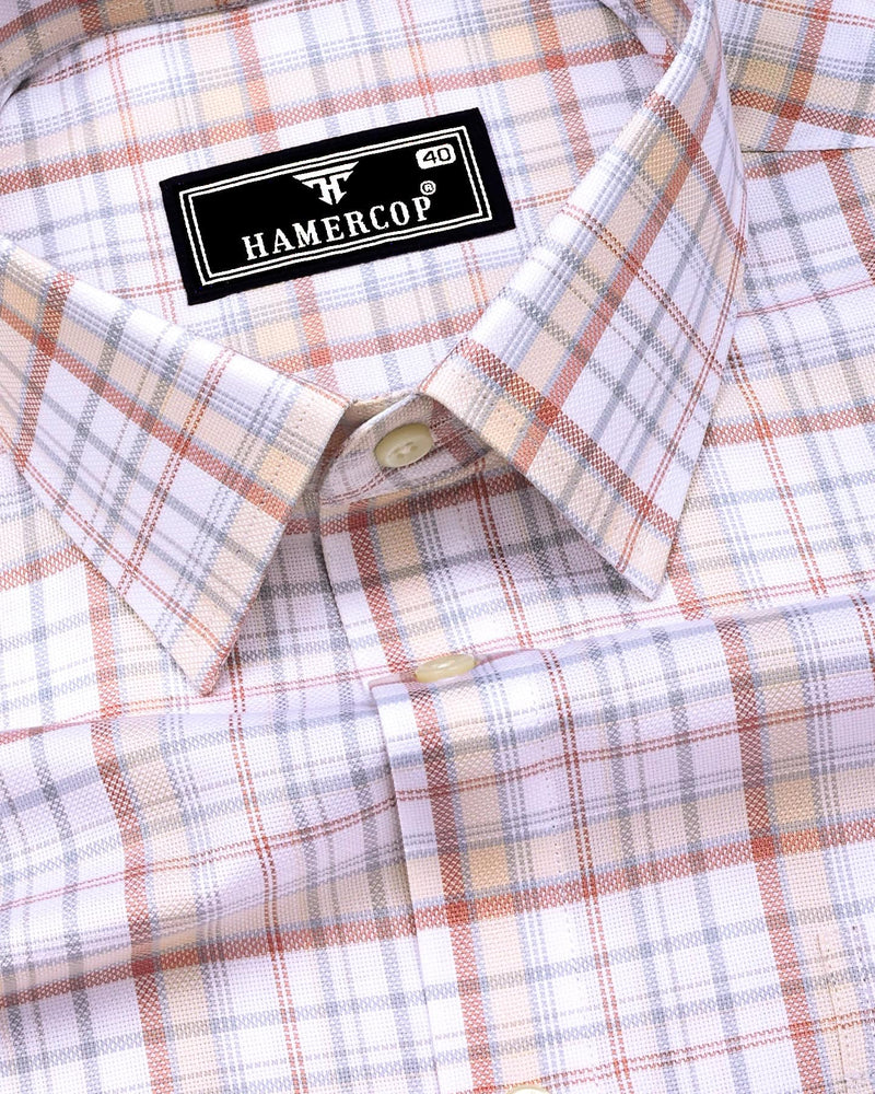 Fuzine Peach With White Check Dobby Cotton Shirt
