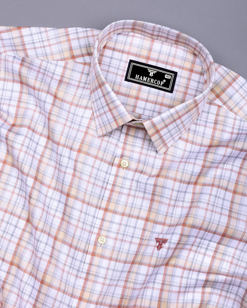 Fuzine Peach With White Check Dobby Cotton Shirt
