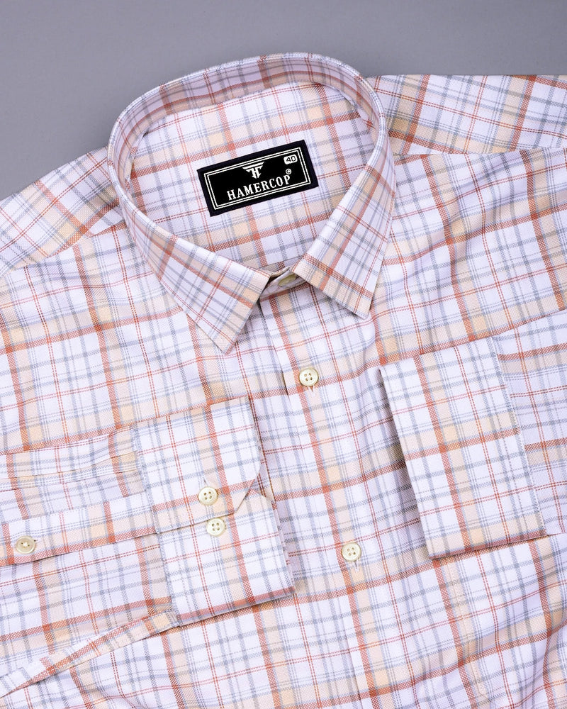 Fuzine Peach With White Check Dobby Cotton Shirt