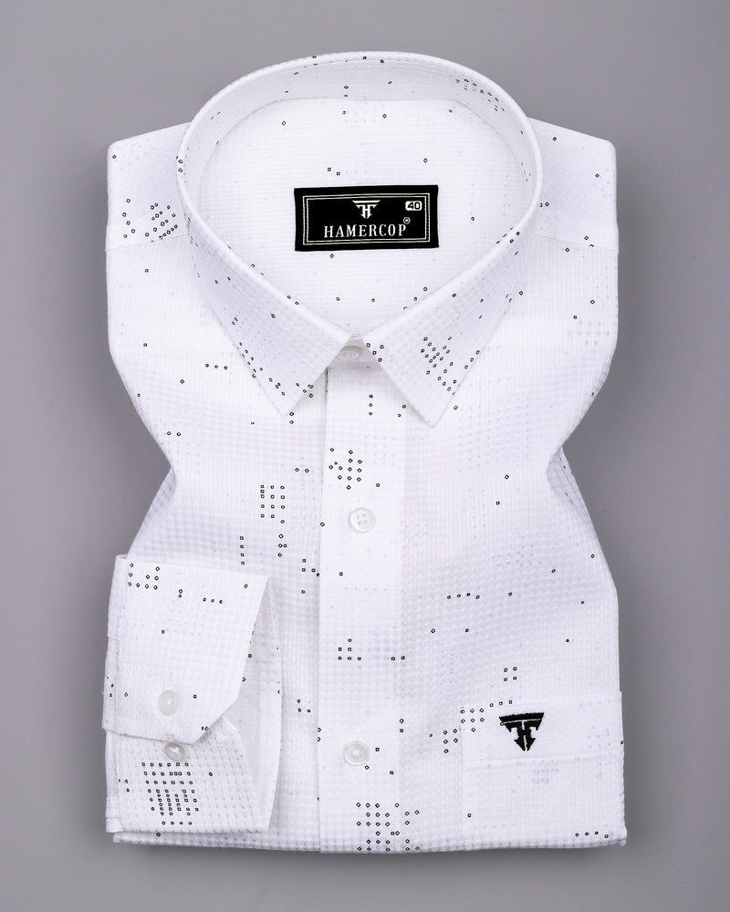 Flores White Dot Printed Dobby Cotton Waffle Check Shirt