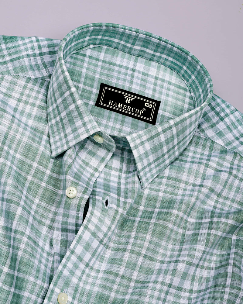 Dusty Green With White Check Linen Cotton Shirt