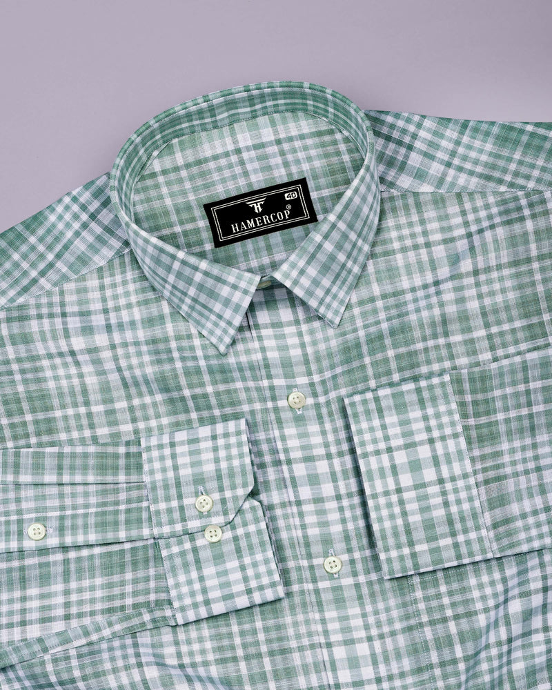 Dusty Green With White Check Linen Cotton Shirt