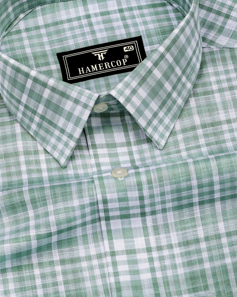 Dusty Green With White Check Linen Cotton Shirt