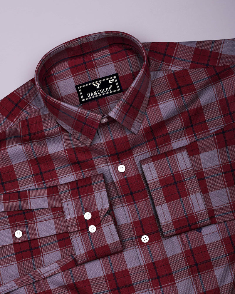 Cherry Red With Gray Check Dobby Cotton Shirt