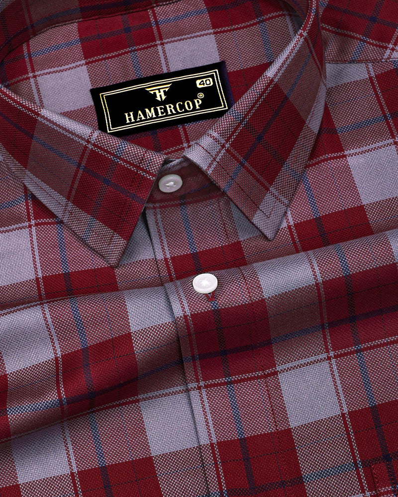 Cherry Red With Gray Check Dobby Cotton Shirt