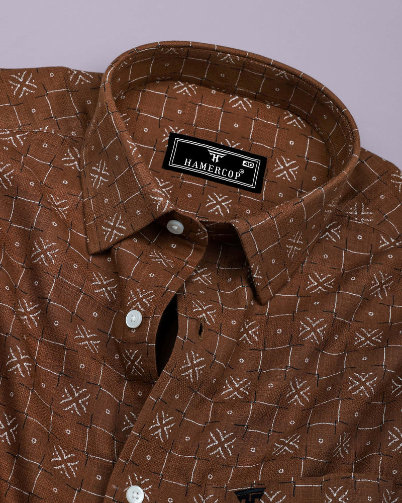 Pecan Brown With White Printed Dobby Cotton Shirt